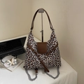 Vintage leopard print canvas tote bag with brown leather trim and silver chain strap - Off-white Without Pendant