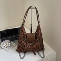 Large leopard print tote bag with brown leather trim and silver chain shoulder straps - Brown No Pendant