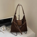 Stylish large capacity leopard print tote bag with brown leather flap and adjustable strap - Coffee No Charm