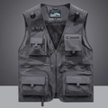 Front view of dark grey quick-dry mesh fishing vest with multiple pockets for men - M / Gray