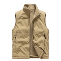 Men's khaki fleece-lined vest with stand collar and zippered pockets for outdoor warmth - M / Khaki