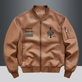 Brown faux leather pilot bomber jacket with vintage ribbed collar and embroidered badges - M / Tops / Coffee