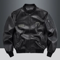 Men's retro black PU leather varsity jacket with TSERAGE embroidery and bomber style fit - M / Tops / Black