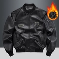 Men's retro black PU leather bomber jacket with embroidery and warm fleece lining - M / Tops / Black (Fleece Lined)