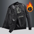 Men's black fleece-lined leather bomber jacket with letter embroidery and thermal lining - M / Fleece Lined / Black
