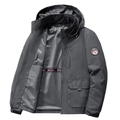 Men's dark grey hooded windbreaker jacket with breathable mesh lining and sleeve badge - M / Gray