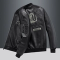Men's black PU leather jacket with back embroidery and utility arm pocket - M / Thin Style / Black