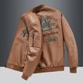 Men's brown faux leather bomber jacket with vintage detective embroidery and ribbed trim - M / Thin Style / Coffee