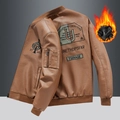 Brown fleece-lined faux leather bomber jacket with detailed embroidery and ribbed cuffs - M / Fleece Lined / Coffee