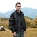 Classic black military bomber jacket for men featuring tactical pockets and woven patches - S / Black