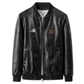 Chaqueta de cuero PU negra para hombre con cuello béisbol y parches bordados vintage - M / Negro