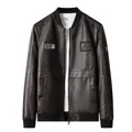 Chaqueta de cuero PU marrón oscuro para hombre con forro polar y parches vintage - M / Café Forro Polar