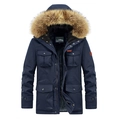 Parka invernale da uomo blu scuro con cappuccio in pelliccia e fodera in pile - M / Blu Reale