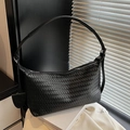 Classic black woven leather hobo bag with wide shoulder strap and metal zipper - Black