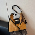 Brown suede and black leather shoulder tote bag with a decorative bow charm - Brown with Pendant