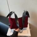 Burgundy velvet tote bag with black leather shoulder strap and silver buckle detail - Burgundy