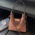 Vintage brown suede and leather hobo shoulder bag with a matte finish and gold hardware - Coffee with Pendant