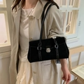 Retro black suede underarm bag with silver buckle and elegant minimalist shoulder straps - Black