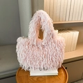 Pink faux ostrich feather tote bag with large capacity and stylish shoulder straps - Pink