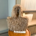 Khaki fluffy faux fur tote bag with long tassel texture for autumn and winter style - Khaki