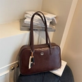 Deep brown retro Boston bag with beaded charm and adjustable leather shoulder strap - Brown