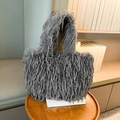Chic grey fluffy faux fur tote bag with long plush fringe and dual handles for autumn - Gray