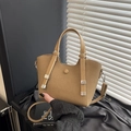 Khaki woven texture bucket handbag with smooth handles and detachable shoulder strap - Brown