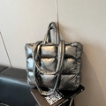 Chic silver puffer tote bag with quilted padding and metallic finish for daily use - Gunmetal
