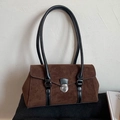 Deep brown faux suede vintage shoulder bag with long black leather straps and silver buckle - Brown