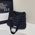 Quilted puffer tote bag in classic black with wide canvas strap and metal buckle - No Pendant / Black