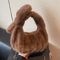 Brown faux fur plush handbag featuring a knotted handle and trendy pleated dumpling design - Brown