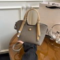 Taupe woven bucket bag with camel leather handles and detachable crossbody strap - Gray