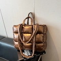 Bronze metallic quilted puffer tote bag with large square stitching and top handles - Brown
