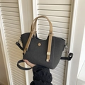 Deep grey woven bucket bag with brown leather handles and adjustable shoulder strap - Black
