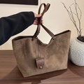 Grande borsa tote marrone scuro in pelle smerigliata con manici lisci per uso quotidiano - Verde Oliva