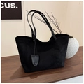 Matte black suede-like vintage tote bag with thin shoulder straps and decorative charm - Black