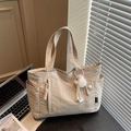Beige multi-pocket nylon tote bag with plush charm and adjustable shoulder strap - Khaki With Pendant