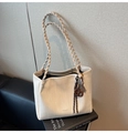Detail of white textured tote bag with woven strap and decorative dessert charms - White with Pendant