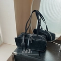 Chic black frosted leather pillow bag with long shoulder straps and vintage aesthetic - Black