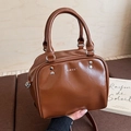 Chic brown retro mini boston square handbag with glossy finish and top handles - Brown