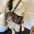 Vintage dark brown faux leather shoulder bag with a cute teddy bear plush charm - Coffee with Pendant
