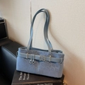 Blue suede underarm shoulder bag with metal buckle and leopard pattern accents - Blue