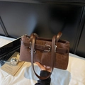 Deep brown leopard print handbag in matte suede with metal buckle and slim straps - Brown