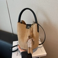 Camel frosted suede bucket bag with black leather handles and plush rabbit pendant - Khaki With Pendant