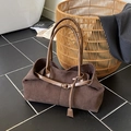 Borsa tote retrò in velluto a coste marrone scuro con manici in pelle e fibbia - Marrone