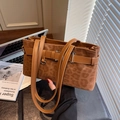 Chic leopard print tote bag with faux suede texture and leather buckle detail - Brown