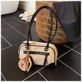 Detail of beige frosted bag with black leather trim and cute donut plush charm - With Charm / Khaki
