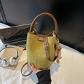 Frosted matte green suede bucket bag with brown leather handle and cute bear charm - Green with Pendant