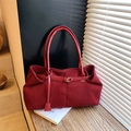 Borsa tote retrò in velluto a coste bordeaux con cinturini in pelle e fibbia - Rosso