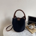 Minimalist matte navy bucket bag with brown leather straps and adjustable shoulder strap - Black without Pendant